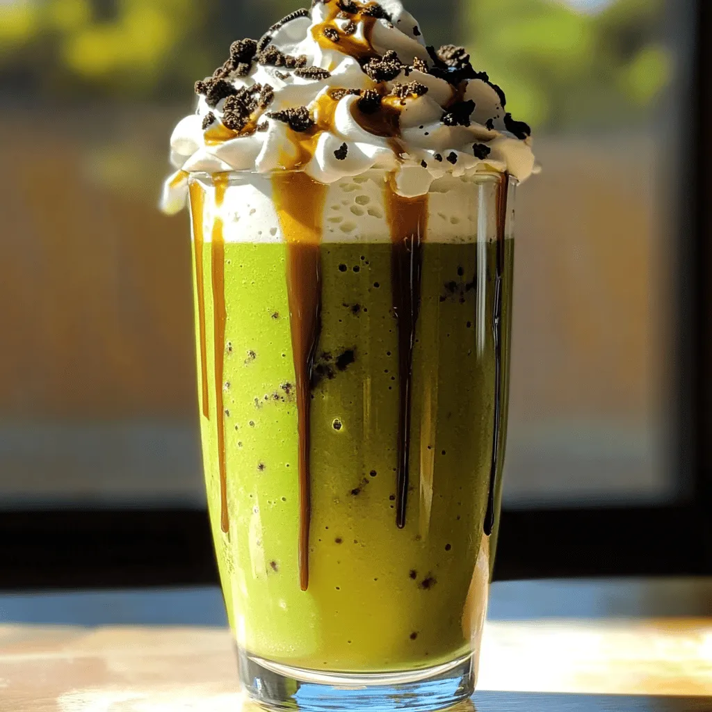 To create a Cookies & Cream Matcha Frappe, you will need a few key items. First, grab 2 cups of milk. You can use dairy or any non-dairy milk you prefer. Next, you need 1 tablespoon of matcha green tea powder. This gives the drink its vibrant color and unique taste. Then, add 2 tablespoons of sugar. This amount can be changed based on how sweet you like it. For a frosty texture, you need 1 cup of ice cubes. Don