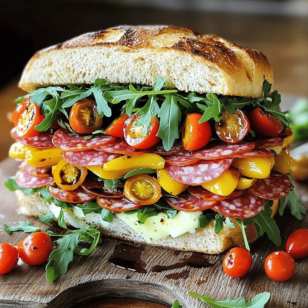 To make a great Chopped Italian sandwich, gather these key ingredients: - 1 large ciabatta roll - 1/2 cup sliced salami - 1/2 cup sliced mortadella - 1/2 cup sliced provolone cheese - 1/4 cup roasted red peppers, sliced - 1/4 cup pickled banana peppers, sliced - 1/2 cup arugula or spinach - 1/4 cup cherry tomatoes, halved - 2 tablespoons balsamic vinegar - 2 tablespoons extra virgin olive oil - 1 teaspoon Italian seasoning - Salt and pepper, to taste