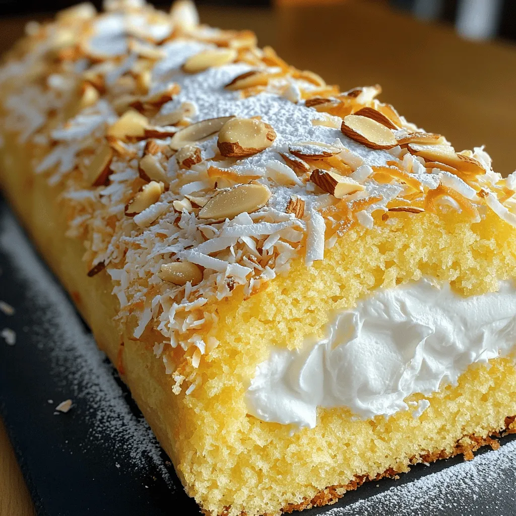 The coconut almond dessert shines with its key ingredients. The main stars include eggs, sugar, flour, and coconut. Each of these ingredients plays a big role.