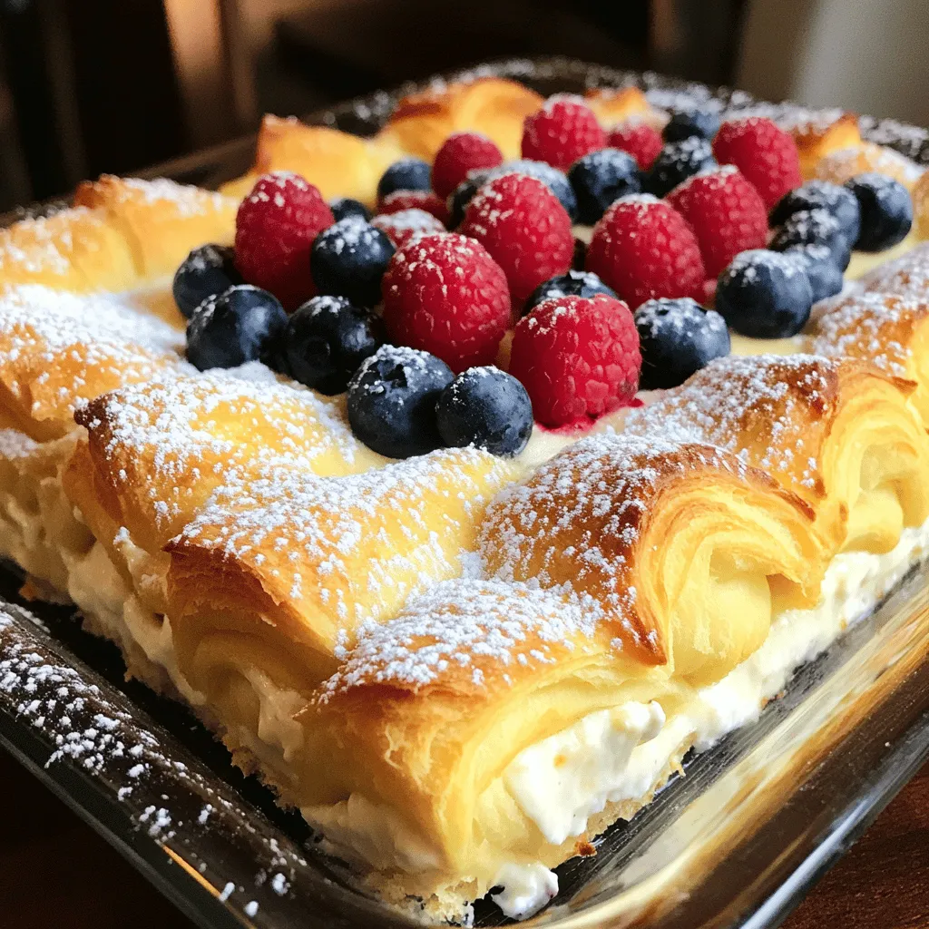 - 2 cans of refrigerated crescent roll dough - 16 oz (450g) cream cheese, softened - 1/2 cup granulated sugar - 1/4 cup powdered sugar - 1 teaspoon vanilla extract - 2 large eggs - 1 teaspoon lemon juice - 1/2 cup sour cream - 1/4 cup fresh berries (blueberries, raspberries, or strawberries) for topping - Optional: powdered sugar for dusting
