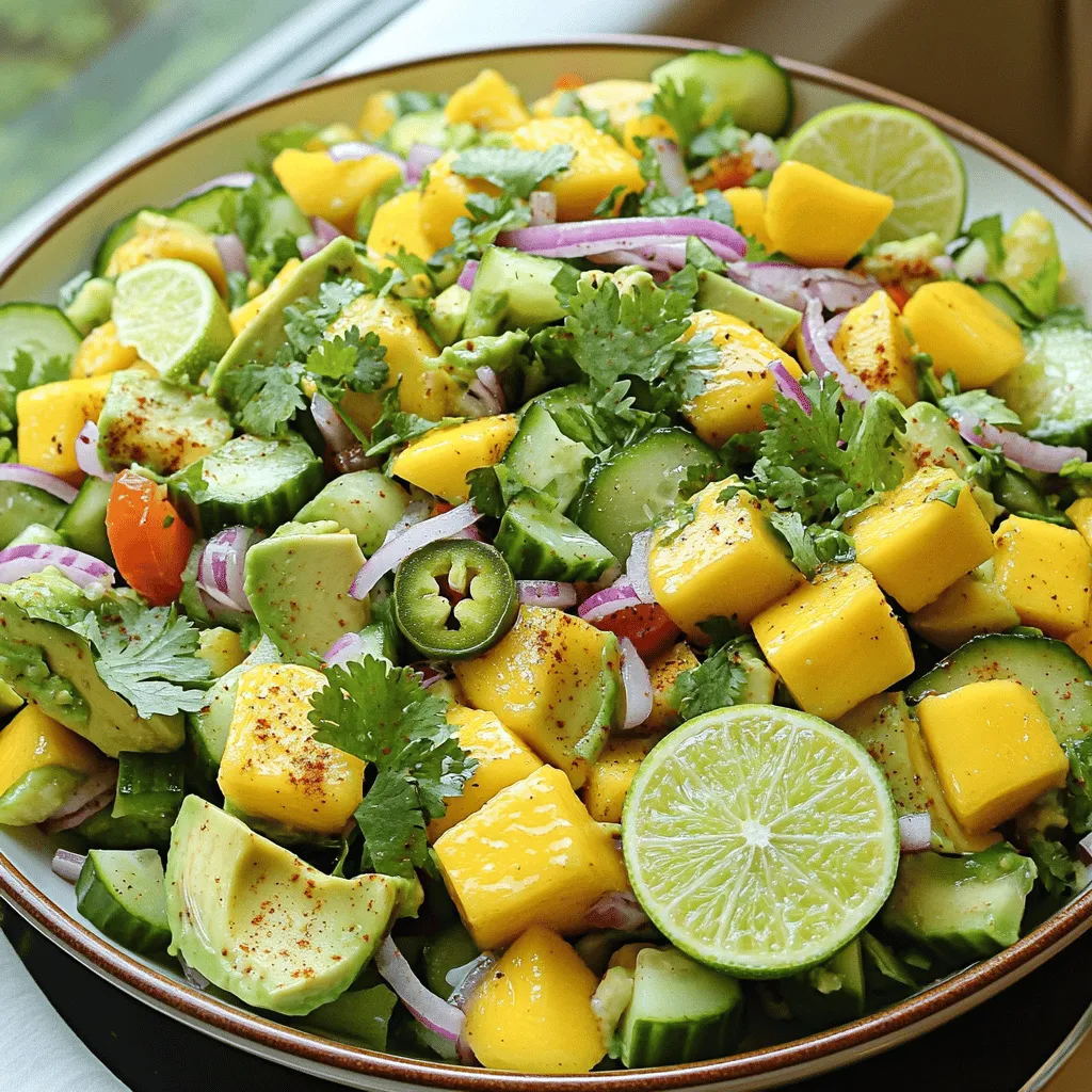 To make a great avocado and mango salad, you need fresh produce. Start with one ripe mango and two ripe avocados. These fruits bring a sweet and creamy taste. You’ll also need a small cucumber, a small red onion, and a red bell pepper. Each adds a nice crunch and color.