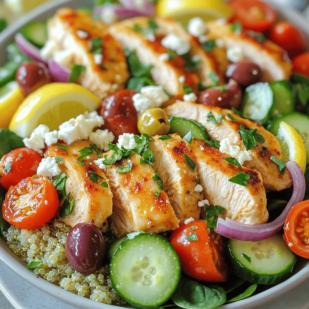- 2 boneless, skinless chicken breasts - 1 tablespoon olive oil - 2 teaspoons dried oregano - 1 teaspoon garlic powder - 1 teaspoon onion powder - Salt and pepper to taste - 1 cup cooked quinoa or brown rice - 1 cup cherry tomatoes, halved - 1 cucumber, diced - ½ red onion, thinly sliced - 1 cup feta cheese, crumbled - 1 cup baby spinach or mixed greens - ½ cup Kalamata olives, pitted and sliced - Juice of 1 lemon - Fresh parsley, chopped (for garnish)