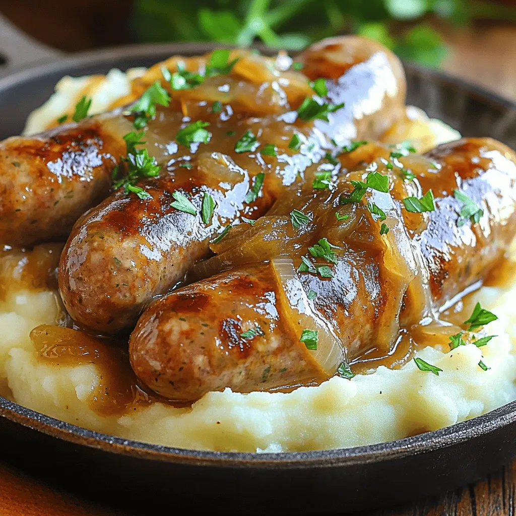 To make this tasty dish, you need: - 6 pork sausages (or your choice of plant-based sausages for a vegetarian option) - 4 large russet potatoes, peeled and chopped - 1/2 cup whole milk - 3 tablespoons unsalted butter - Salt and pepper to taste - 1 tablespoon olive oil - 1 medium onion, finely sliced - 2 cloves garlic, minced - 1 cup beef or vegetable broth - 1 tablespoon Worcestershire sauce (optional) - Fresh parsley, chopped (for garnish)