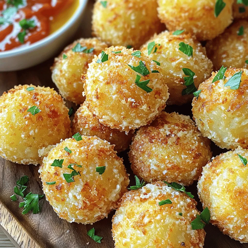 To make crispy potato balls, you need some tasty ingredients. First, gather 2 cups of mashed potatoes. Use cooled mashed potatoes for the best texture. Next, you’ll need 1 cup of grated Parmesan cheese. This cheese gives a nice flavor. You also need 3 cloves of minced garlic for that great garlic taste.