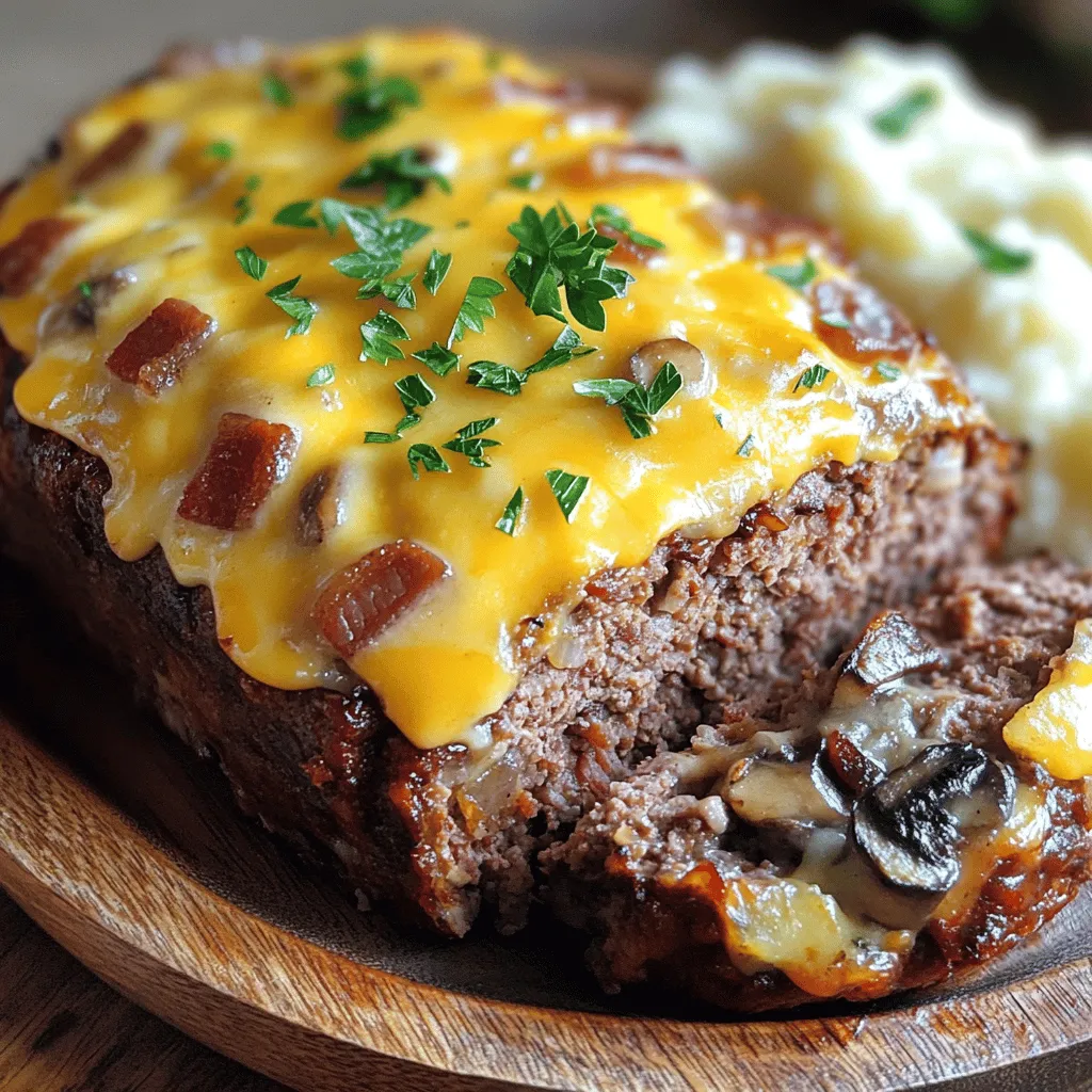 For a great bacon mushroom swiss cheese meatloaf recipe, you need a few key ingredients. First, use a mix of ground beef and ground pork. This combo gives the meatloaf a rich taste and a nice texture.