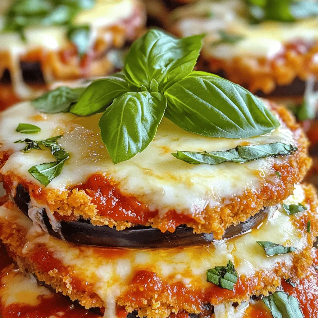 Which main ingredients should you include? The key eggplant parmesan ingredients are eggplants, marinara sauce, mozzarella cheese, and Parmesan cheese. You need two medium eggplants for this dish. Slice them into 1/4-inch rounds. Salting the eggplants helps remove excess moisture and bitterness.