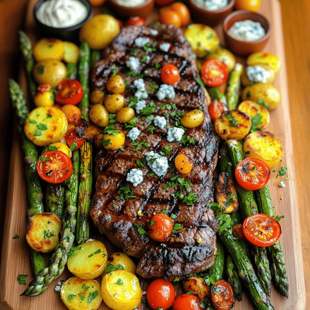 - 1 tomahawk steak (about 2-3 pounds) - 2 tablespoons olive oil - 4 cloves garlic, minced - 2 tablespoons fresh rosemary, chopped - 2 tablespoons fresh thyme, chopped - Salt and freshly cracked black pepper to taste - 1 pound of assorted seasonal vegetables (e.g., asparagus, bell peppers, zucchini) - 1 pound of baby potatoes, halved