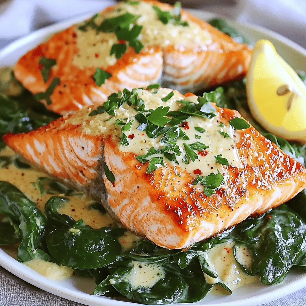 The key to a great pan-seared salmon florentine lies in its simple yet fresh ingredients. You will need four salmon fillets, about six ounces each. Fresh spinach is a must, with four cups washed and dried. Garlic adds depth, so grab two cloves and mince them well. A lemon gives the dish brightness, so zest and juice one. For richness, use a half cup of heavy cream and a quarter cup of grated Parmesan cheese. Olive oil helps to sear the salmon perfectly. Don’t forget salt and pepper for seasoning. A pinch of red pepper flakes adds a little heat, but it