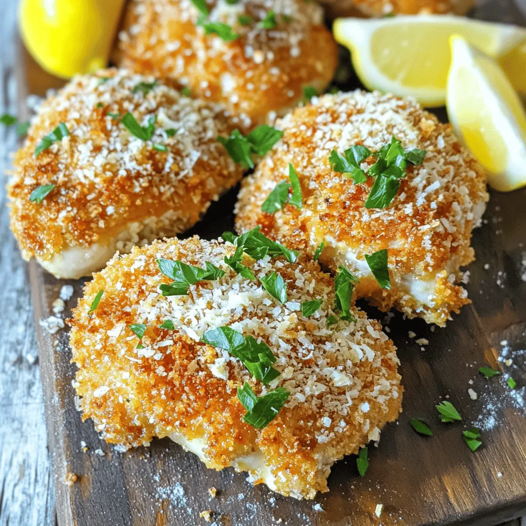 - 4 boneless, skinless chicken breasts - 1 cup grated Parmesan cheese - 1 cup breadcrumbs (preferably panko for extra crunch) - 4 cloves garlic, minced - 3 tablespoons fresh parsley, chopped (or 1 tablespoon dried parsley) - 1 teaspoon onion powder - 1 teaspoon paprika - Salt and pepper to taste - 2 large eggs, beaten - 1/4 cup all-purpose flour - 3 tablespoons olive oil