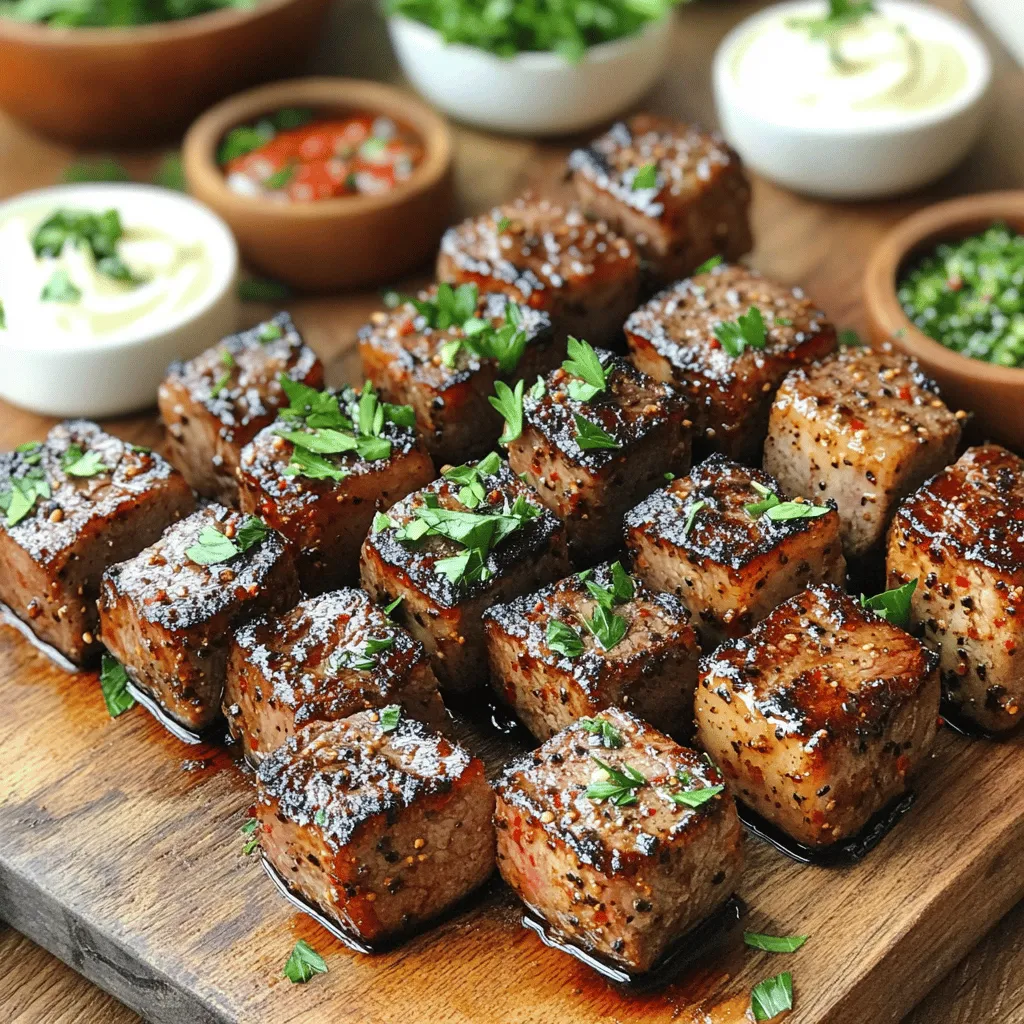 Marinated steak bites are tender pieces of meat, full of flavor. You start with sirloin steak, cut into small cubes. This allows for quick cooking and easy eating. The magic happens when you marinate these beef tips in a tasty blend of soy sauce, olive oil, honey, garlic, and spices. This marinade gives the steak bites a rich, savory taste.