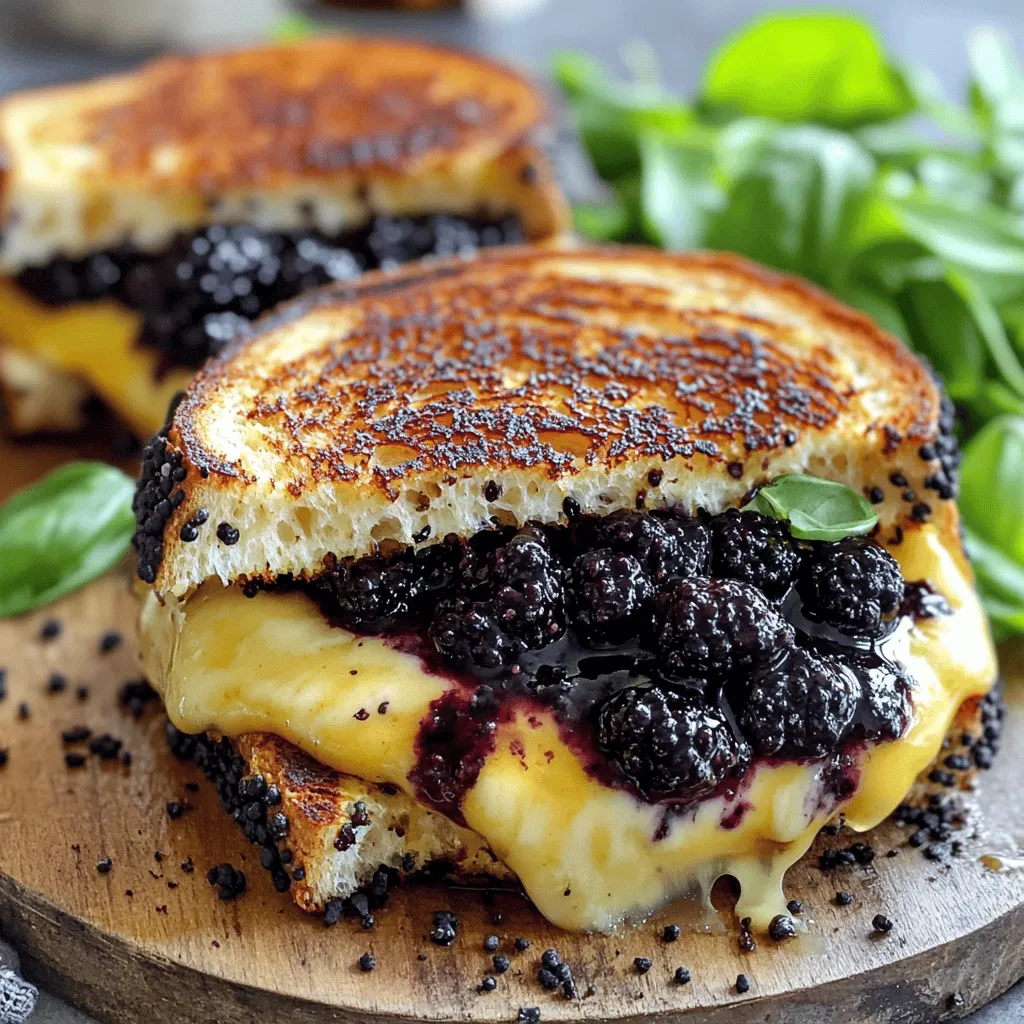 - 2 slices of sourdough or rustic bread - 2 ounces of Brie cheese, sliced - 1/4 cup fresh blackberries - 1 tablespoon balsamic vinegar - 1 tablespoon honey - 1 tablespoon unsalted butter, softened