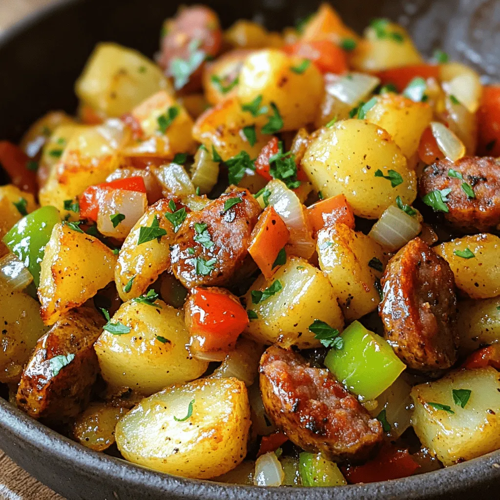- 4 medium russet potatoes, peeled and diced - 1 lb smoked Polish sausage, sliced into rounds - 1 medium onion, chopped - 1 bell pepper (red or green), diced