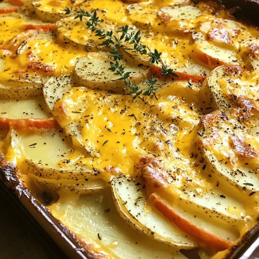 - 3 medium potatoes, thinly sliced - 2 medium carrots, thinly sliced - 1 medium parsnip, thinly sliced - 1 small onion, finely chopped - 2 cloves garlic, minced - 1 cup heavy cream - 1 cup shredded Gruyère cheese - 1/2 cup grated Parmesan cheese - 2 tablespoons fresh thyme leaves (or 1 tablespoon dried thyme) - Salt and pepper to taste - 2 tablespoons olive oil - 1 tablespoon butter (for greasing the baking dish)