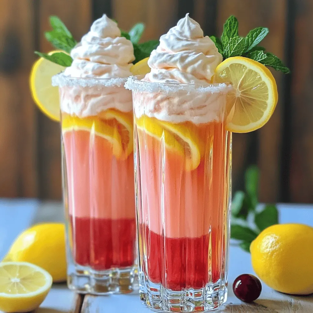 To make whipped pink lemonade, you need fresh and tasty ingredients. The main ones are fresh lemon juice, sugar, and water. You will also need whipped cream and cranberry juice. These create the drink