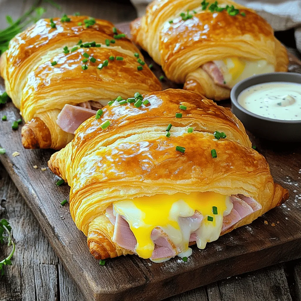 - Large croissants - Sliced ham - Sliced cheese - Dijon mustard - Honey (optional) - Egg (for egg wash) - Fresh chives - Salt and pepper