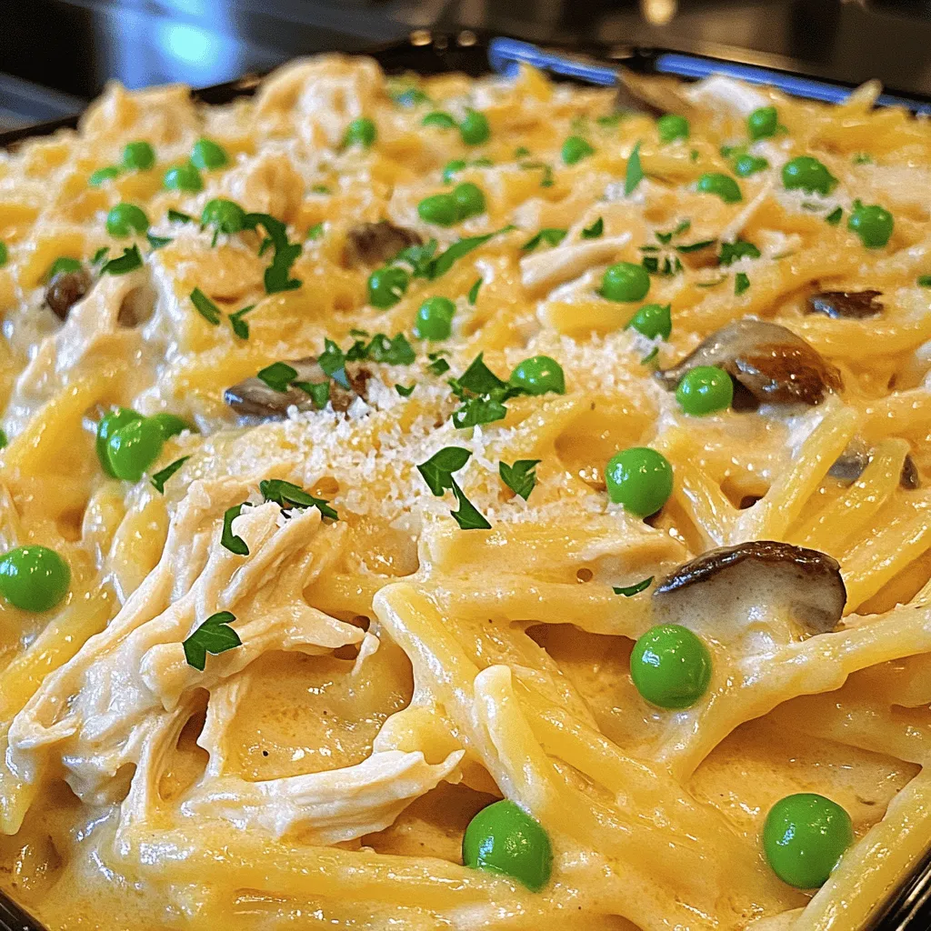 - 8 oz linguine or fettuccine pasta - 2 cups cooked chicken, shredded - 1 cup button mushrooms, sliced - 1 cup frozen peas