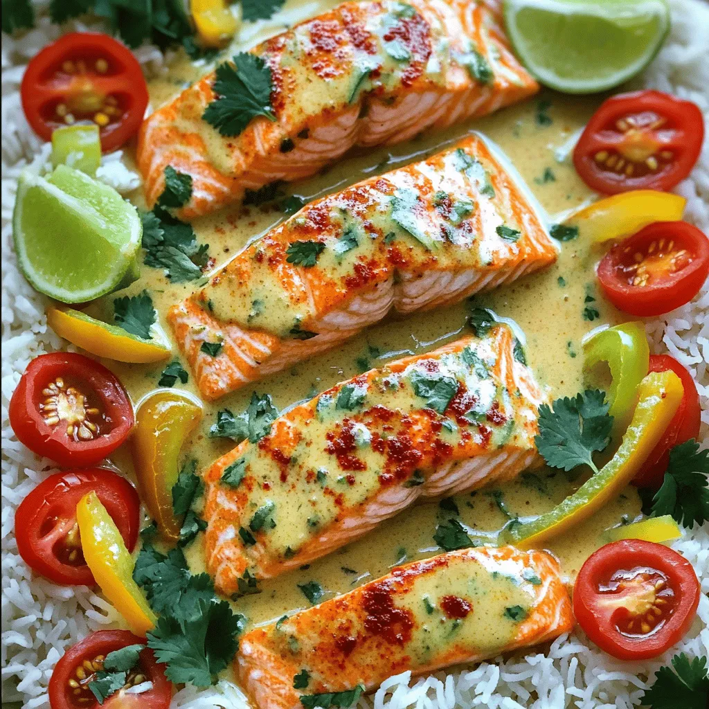 To make Coconut Curry Salmon with Garlic Butter, you need a few key ingredients. First, use four skinless salmon fillets. The salmon gives a rich taste. Next, grab a can of coconut milk. This adds creaminess and flavor. You will also need red curry paste, fish sauce, and minced garlic. These bring heat and depth to the dish. Don