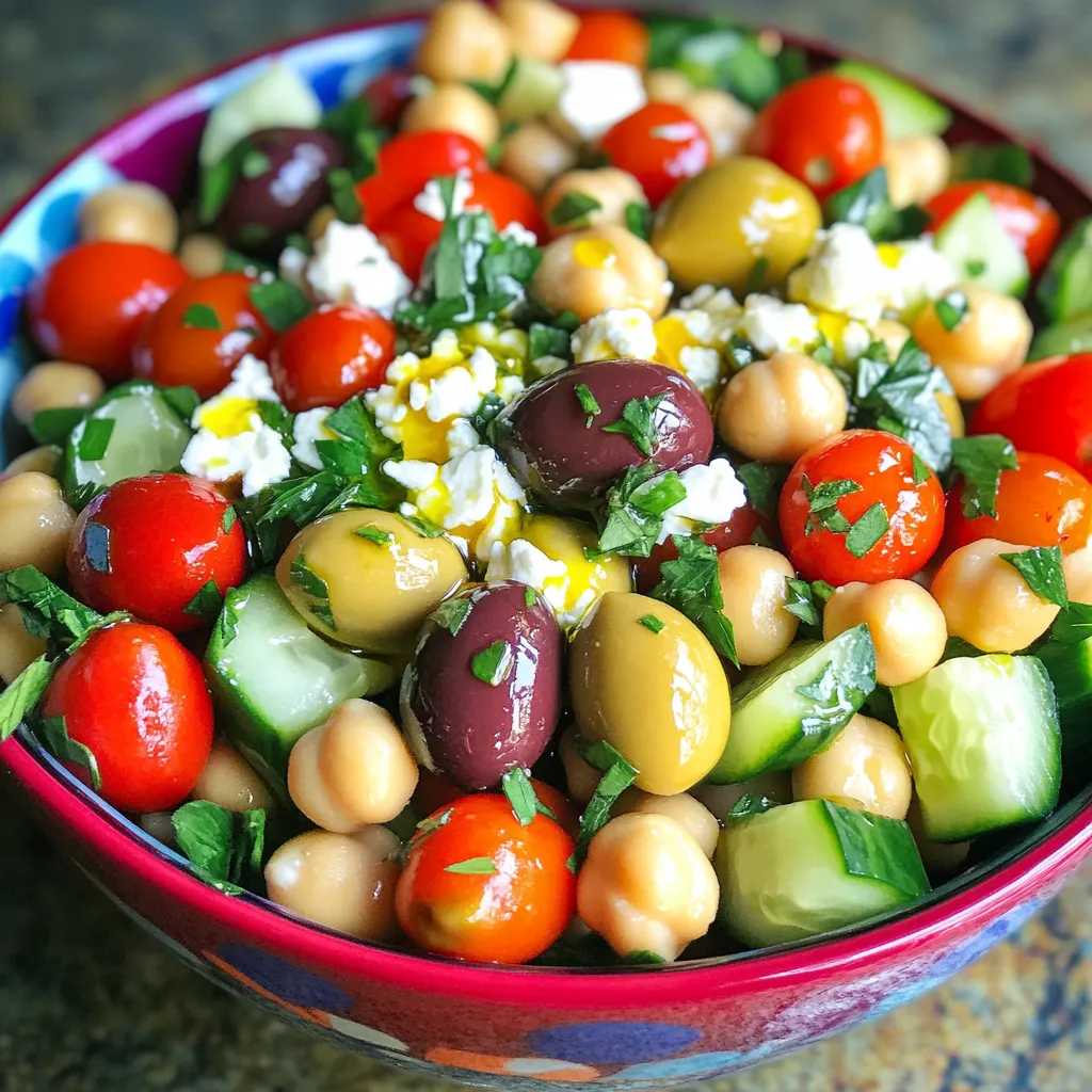 The Mediterranean chickpea salad recipe shines with simple, fresh ingredients. Start with chickpeas. Canned chickpeas work best. They are ready to use right away. Rinse them well to remove extra salt.