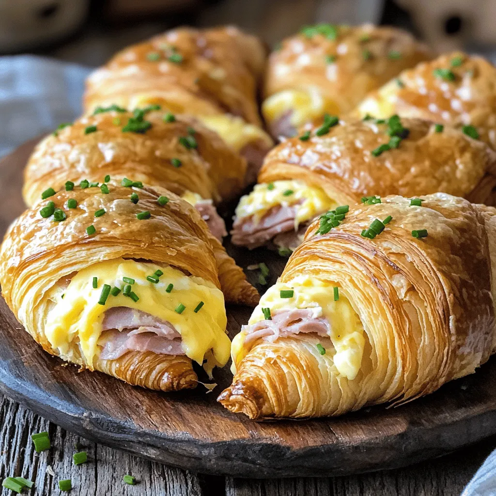 To make irresistible baked ham and cheese croissants, gather these ingredients: - 6 large croissants - 200g sliced ham (preferably smoked or honey-baked) - 200g grated Gruyère cheese (or your preferred cheese) - 100g cream cheese, softened - 2 tablespoons Dijon mustard - 2 tablespoons fresh chives, chopped - 1 egg, beaten (for egg wash) - Salt and pepper to taste - Optional: a pinch of cayenne pepper for added kick