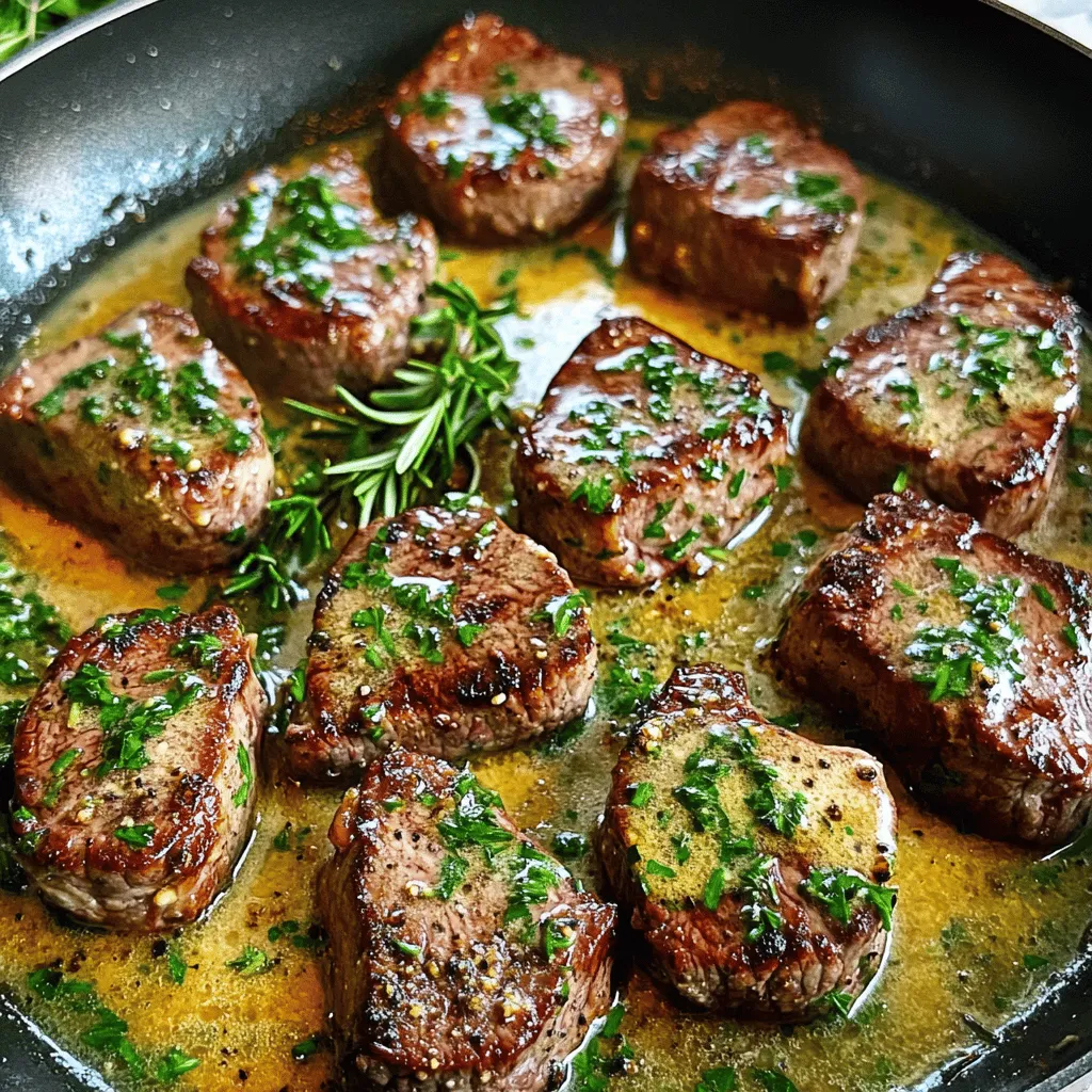 For a great garlic butter steak bites recipe, you need simple ingredients. The main star is 1 pound of sirloin steak, cut into bite-sized pieces. This cut gives you tender bites. Next, you will need 4 tablespoons of unsalted butter for that rich flavor.