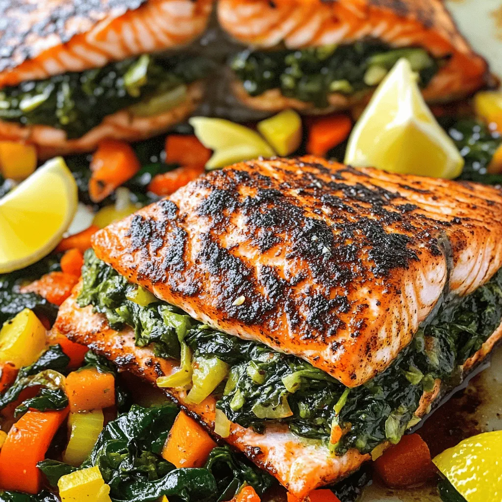 To make blackened salmon stuffed with spinach and Parmesan cheese, you need fresh and simple ingredients.