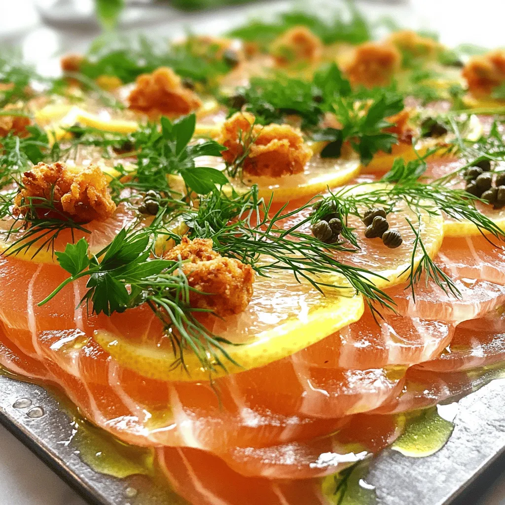 To make smoked salmon carpaccio, you need fresh ingredients. The main star is smoked salmon. I recommend using high-quality salmon for the best taste. Look for salmon that is bright and moist, with a rich flavor.