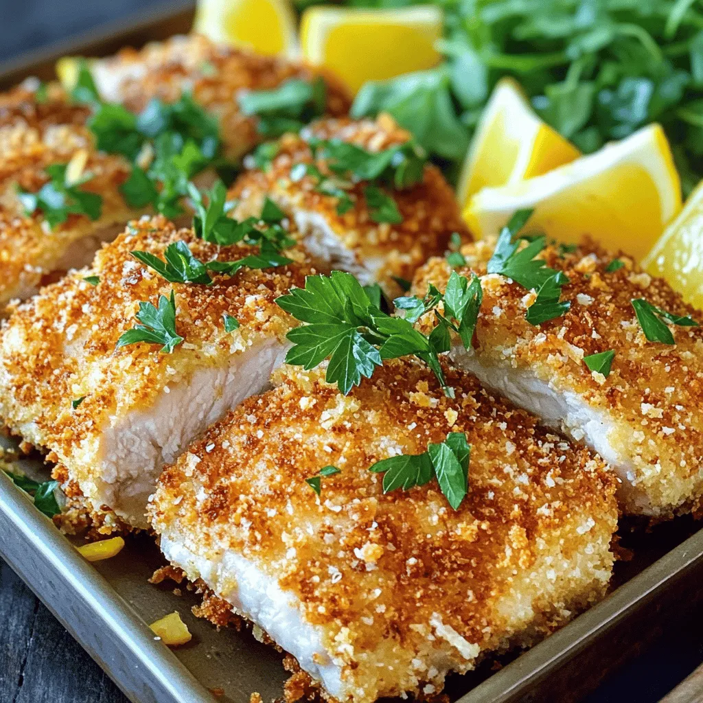 - 4 boneless, skinless chicken breasts - 1 cup grated Parmesan cheese - 1 cup breadcrumbs (preferably panko) - 2 large eggs