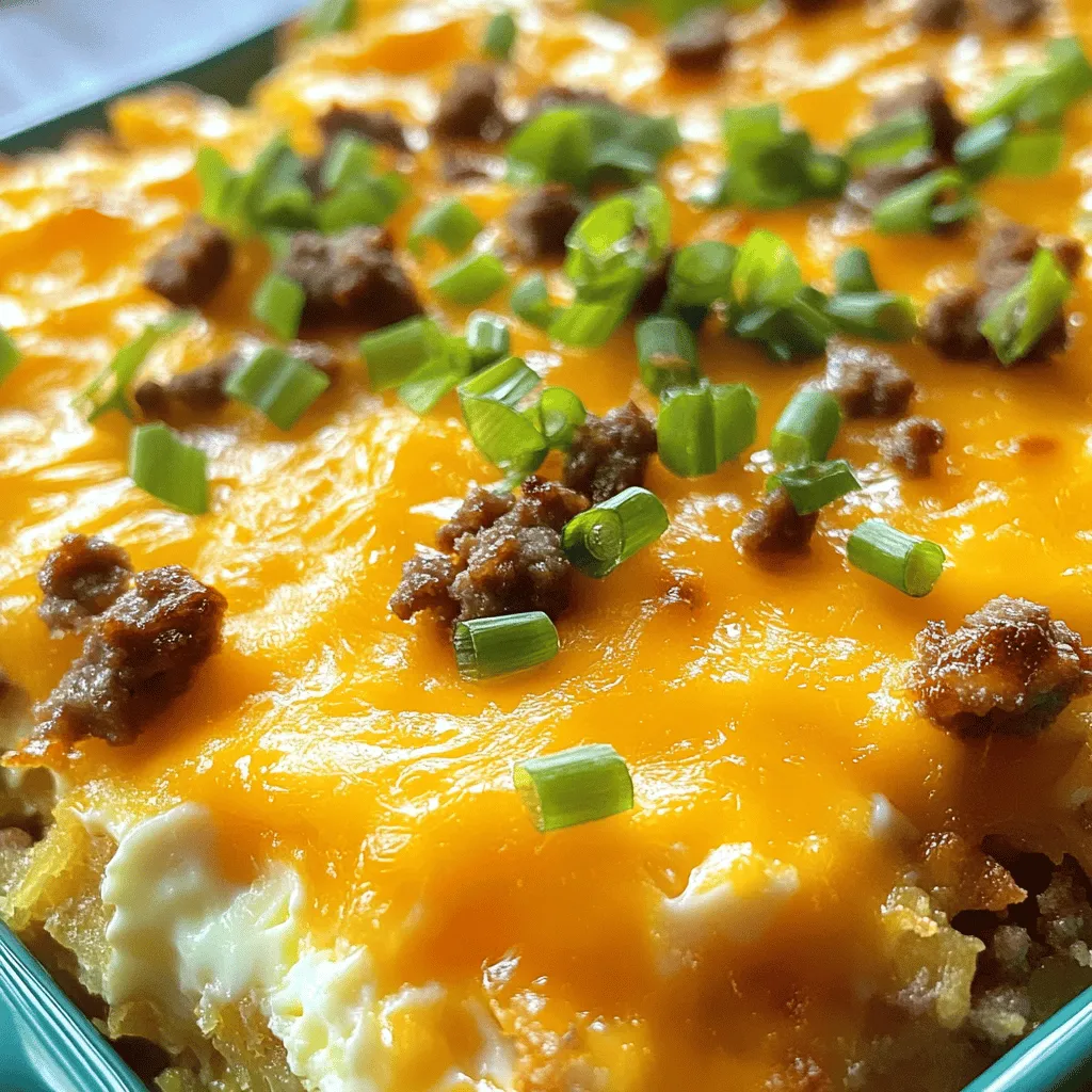 - 1 pound breakfast sausage, crumbled - 1 (30 oz) bag frozen hashbrowns - 8 large eggs - 8 oz cream cheese, softened - 1 cup shredded cheddar cheese - 1/2 cup milk - 1/2 teaspoon garlic powder - 1/2 teaspoon onion powder - Salt and pepper to taste - 2 green onions, sliced (for garnish)