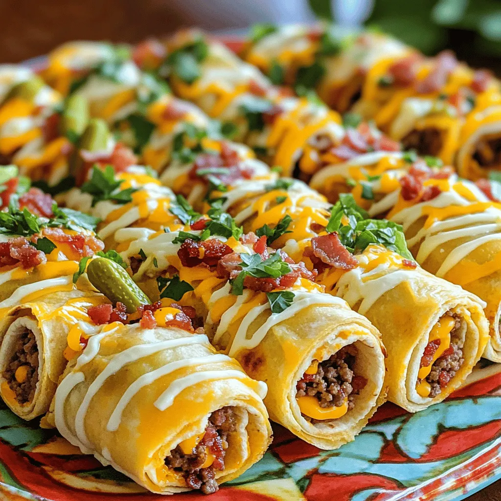 To make the ultimate bacon cheeseburger tortilla roll-ups, you need simple ingredients. Start with four large flour tortillas. They provide a perfect wrap for all the tasty fillings. Next, use one pound of ground beef. This gives the roll-ups their hearty flavor. Six slices of crispy bacon, chopped, add a delicious crunch. For that cheesy goodness, grab one cup of shredded cheddar cheese. You’ll also need one cup of shredded lettuce, half a cup of diced tomatoes, and half a cup of sliced dill pickles for freshness. Lastly, mix a quarter cup of mayonnaise, two tablespoons of ketchup, and one tablespoon of mustard for a zesty spread.