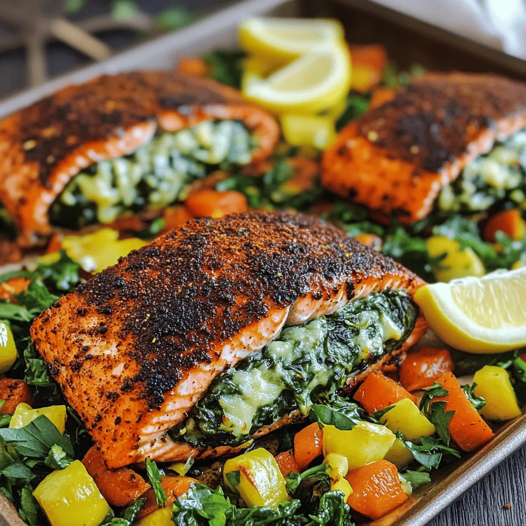 To make blackened salmon stuffed with spinach and Parmesan, gather these key ingredients: - 4 salmon fillets, skinless and boneless - 2 cups fresh spinach, chopped - 1/2 cup grated Parmesan cheese - 1/4 cup cream cheese, softened - 2 cloves garlic, minced - 1 tablespoon olive oil - 1 teaspoon smoked paprika - 1/2 teaspoon cayenne pepper (adjust to taste) - 1 teaspoon dried oregano - 1 teaspoon salt - 1/2 teaspoon black pepper - Juice of 1 lemon