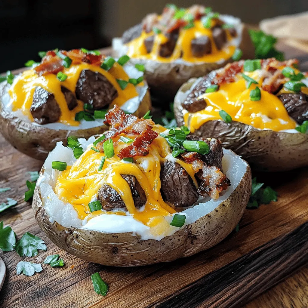 What are the essential ingredients for this recipe? You need a few key items to make a loaded baked potato with juicy steak bites. Start with 4 large russet potatoes. They are perfect for baking due to their fluffy inside and crispy skin. Next, get 1 pound of sirloin steak, cut into bite-sized pieces. This will give you tender, juicy bites. You will also need 3 tablespoons of olive oil, 1 teaspoon of garlic powder, and 1 teaspoon of smoked paprika. Don’t forget salt and pepper for seasoning. For the toppings, grab 1 cup of shredded cheddar cheese, ½ cup of sour cream, and ¼ cup of chopped green onions. You can also add ¼ cup of crispy bacon bits for extra flavor.