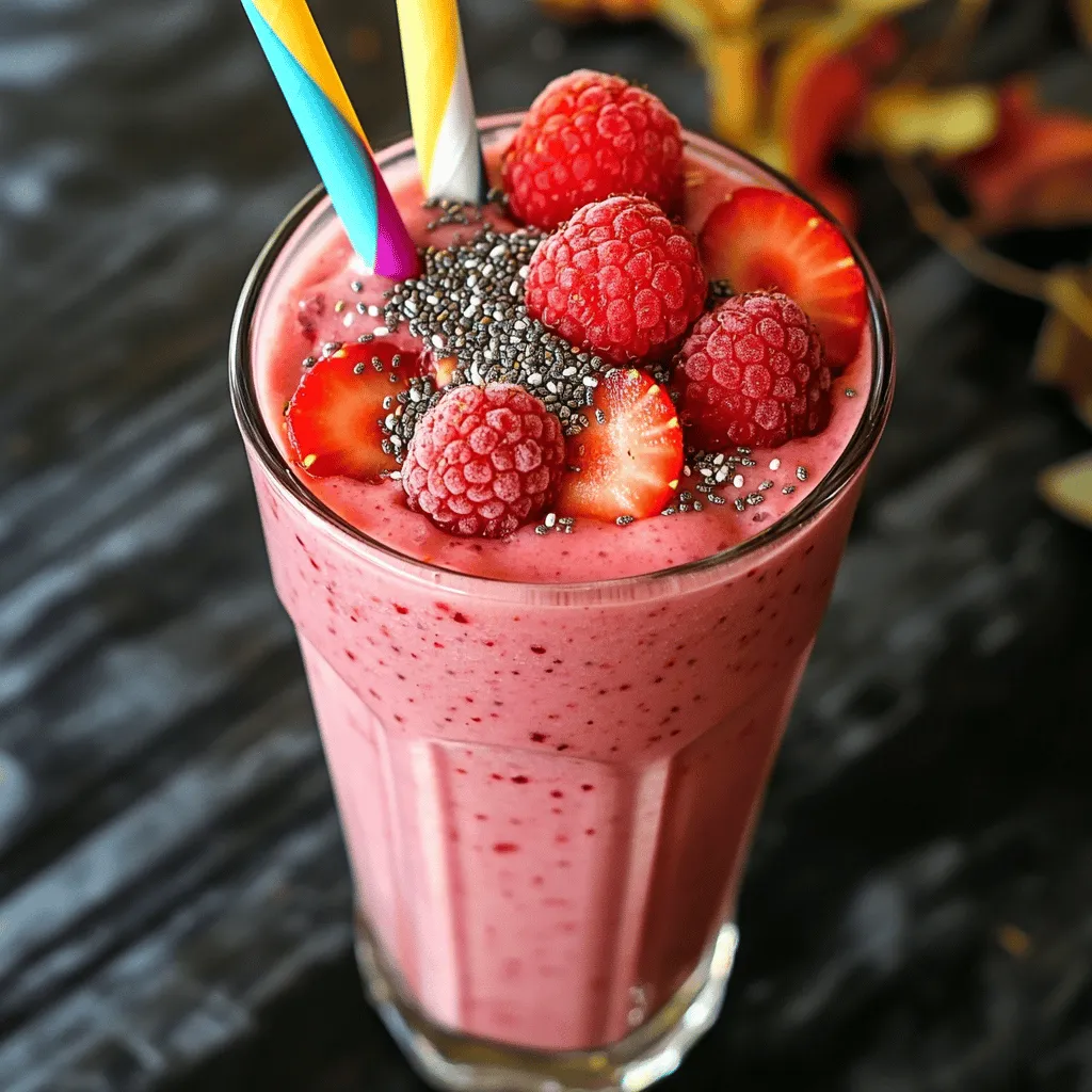 - 1 cup fresh strawberries, hulled - 1 cup fresh raspberries - 1 ripe banana - 1 cup unsweetened almond milk (or any milk of choice) - 1 scoop vanilla protein powder - 1 tablespoon chia seeds (optional) - 1 tablespoon honey or maple syrup (adjust for sweetness) - Ice cubes (optional, for thickness)