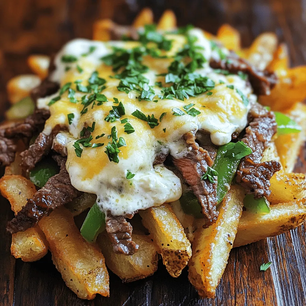 Philly cheesesteak fries mix two great flavors: crispy fries and savory cheesesteaks. This dish started in Philadelphia and has taken the world by storm. The blend of steak, cheese, and toppings creates a tasty treat that many love.