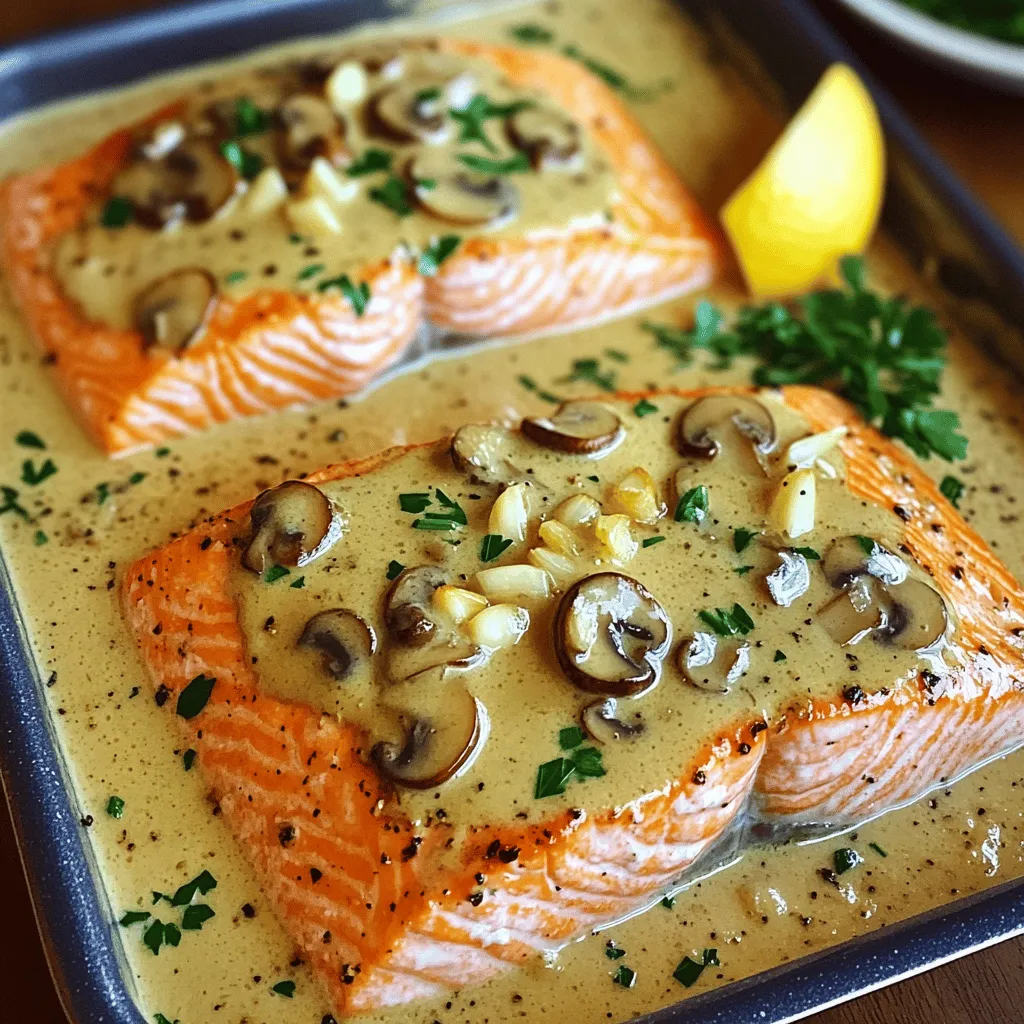To make a creamy garlic mushroom salmon recipe, you need fresh and simple ingredients. First, you need four salmon fillets. The salmon is rich in flavor and healthy too. Next, gather two cups of sliced mushrooms. I prefer cremini or button mushrooms for their taste.
