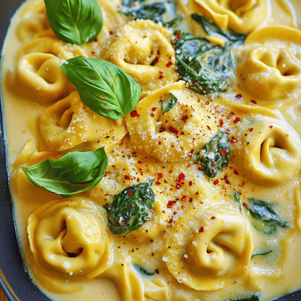 - 12 ounces cheese tortellini (fresh or frozen) - 2 tablespoons olive oil - 3 cloves garlic, minced - 1 cup heavy cream - 1 cup shredded Parmesan cheese - 1 cup baby spinach - 1/2 teaspoon crushed red pepper flakes - Salt and pepper to taste - 1 tablespoon fresh basil, chopped (for garnish)