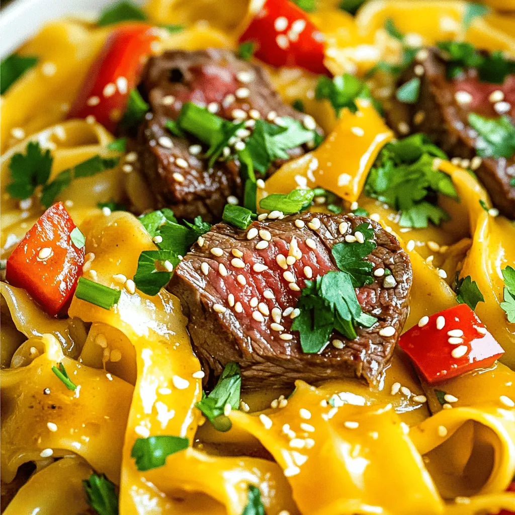 To make Garlic Butter Steak Lightning Noodles, you need some key ingredients. The main star is the steak. I love using sirloin steak for its great taste and texture. You will also need egg noodles, which are perfect for this dish.