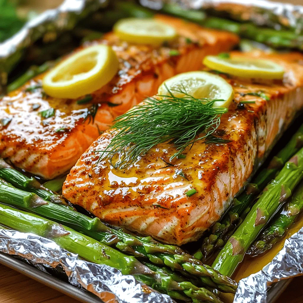 To make baked salmon in foil with asparagus, you need a few simple items. You will need two salmon fillets, about six ounces each. A bunch of fresh asparagus is essential for this dish. You also need two tablespoons of olive oil, a lemon, and three garlic cloves. For flavor, gather one teaspoon of dried dill, one teaspoon of smoked paprika, and salt and pepper to taste. Finally, you will need aluminum foil.