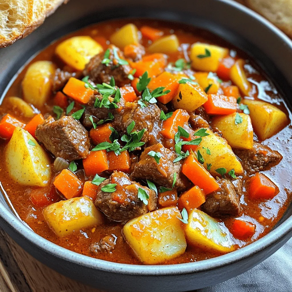 This Polish goulash is easy to make because it uses simple steps. You start by browning the beef in a pot. This gives it a rich flavor. Next, you add onions and garlic, which smell amazing as they cook. Then, you toss in colorful bell peppers and carrots. These veggies add both taste and nutrition.