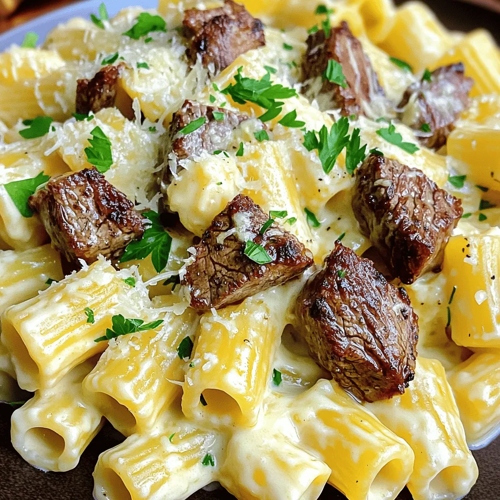 Garlic Butter Steak Tips with Cheesy Rigatoni Delight