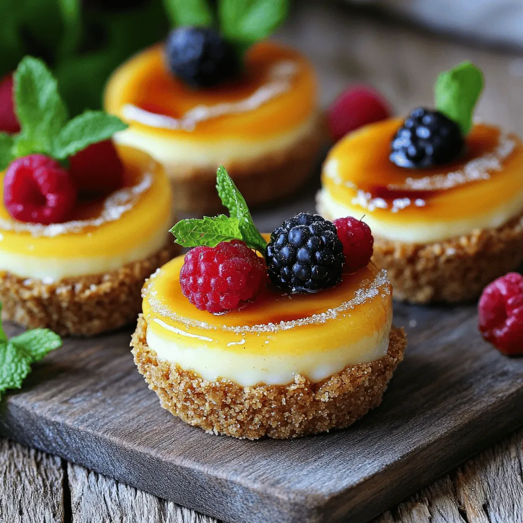 To make these tasty treats, you will need: - 1 cup crushed digestive biscuits - 4 tablespoons unsalted butter, melted - 16 oz cream cheese, softened - 1/2 cup granulated sugar - 1 teaspoon vanilla extract - 2 large eggs - 1 cup heavy cream - 1/4 cup brown sugar (for topping) - Fresh berries or mint leaves for garnish (optional)