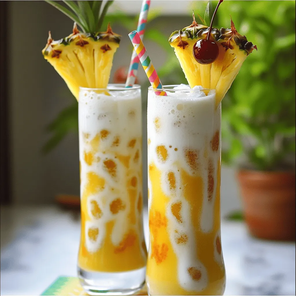 - Fresh Pineapple Chunks - Coconut Milk - Vanilla Yogurt - Brown Sugar - Lemon Juice - Vanilla Extract - Club Soda - Garnishes (Maraschino Cherries and Pineapple Slices)