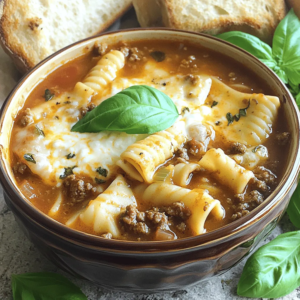 The key ingredients for a cheesy lasagna soup are simple and tasty. You need meat, cheese, vegetables, and noodles. Each part adds flavor and texture to the dish.