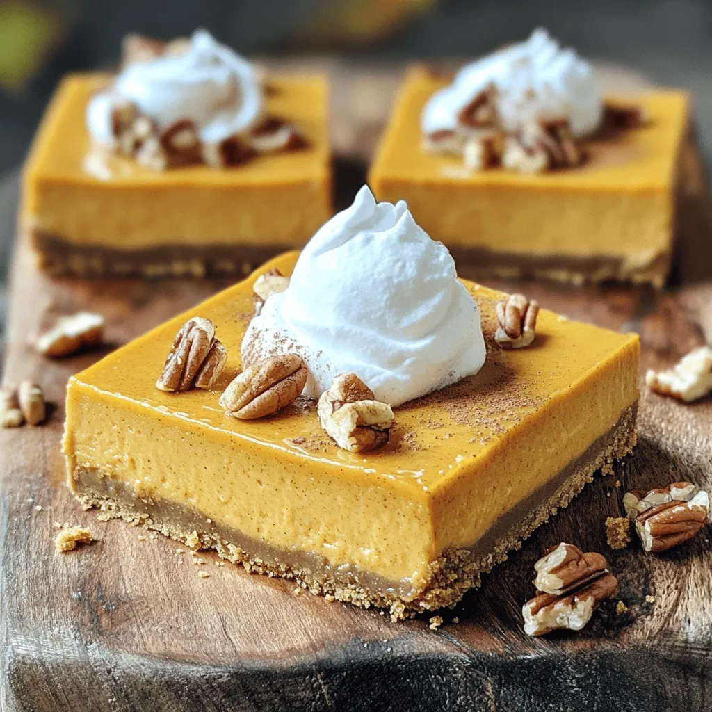 To make these tasty pumpkin cheesecake bars, you need the following main ingredients: - 1 ½ cups graham cracker crumbs - ½ cup unsalted butter, melted - 1/3 cup sugar - 16 oz cream cheese, softened - 1 cup canned pumpkin puree - 1 cup sugar (additional) - 3 large eggs - 1 teaspoon vanilla extract - 1 teaspoon ground cinnamon - ½ teaspoon ground nutmeg - ½ teaspoon salt - ¼ teaspoon ground ginger - 1 cup whipped cream (for serving) - Optional: Chopped pecans for garnish