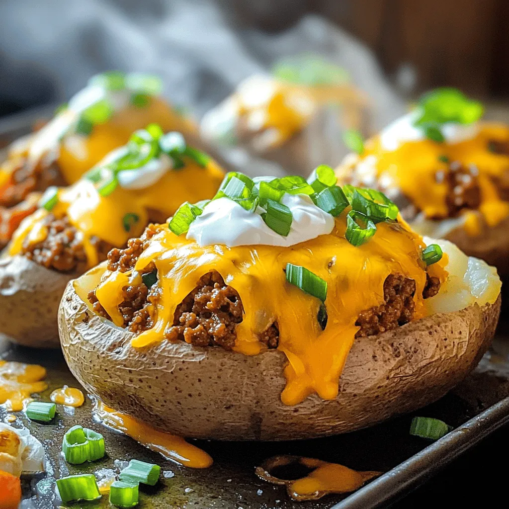 For Sloppy Joe Baked Potatoes, you need just a few key ingredients. First, you need 4 large russet potatoes. These potatoes have a great texture and are perfect for baking. Next, 1 pound of ground beef or plant-based meat adds heartiness to the dish.