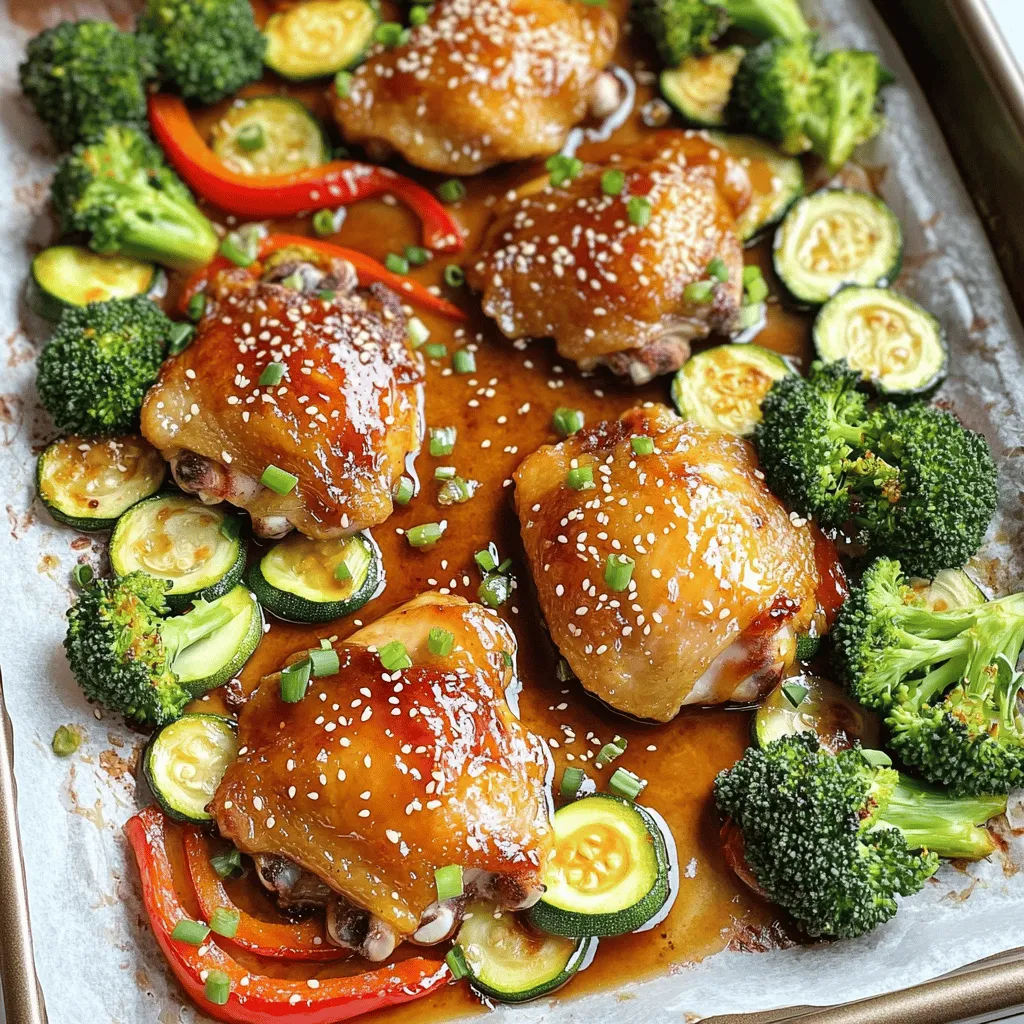 - 4 chicken thighs, bone-in, skin-on - 2 tablespoons honey - 3 tablespoons soy sauce (low sodium preferred) - 1 tablespoon sesame oil - 4 cloves garlic, minced - 2 teaspoons fresh ginger, grated - 1 red bell pepper, sliced - 1 zucchini, sliced - 1 cup broccoli florets - 1 tablespoon olive oil - Salt and pepper to taste - Sesame seeds and chopped green onions for garnish
