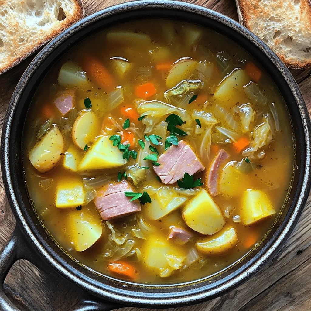 To make a great hearty ham soup recipe, you need a few key ingredients. The ham bone is the star of the dish. It should have some meat left on it for flavor. You also need low-sodium chicken broth and water to form the soup base.