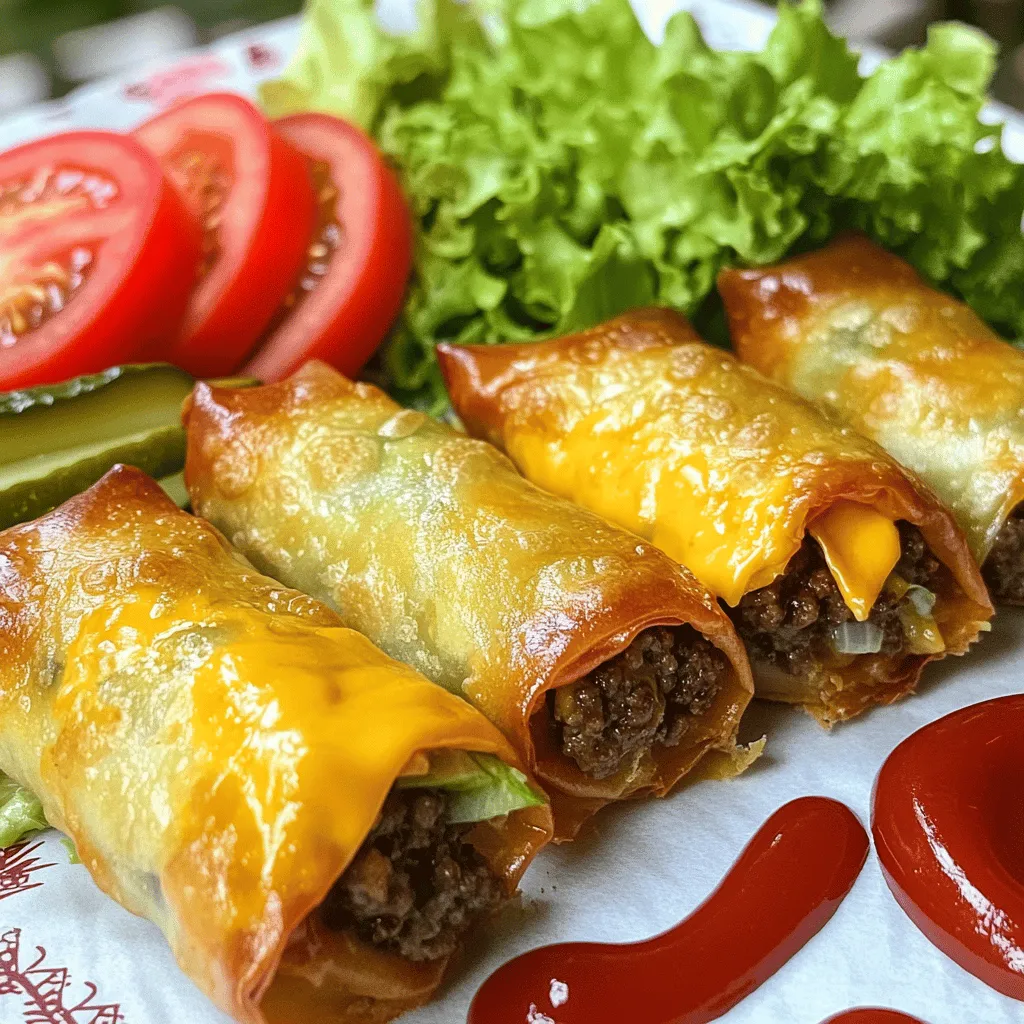 - 1 lb ground beef - ½ cup shredded cheddar cheese - 10 egg roll wrappers