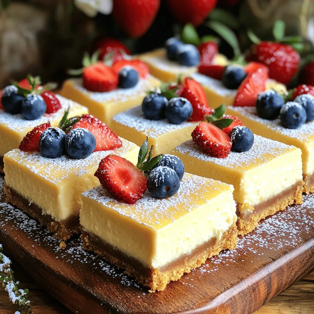 To create the best Philadelphia Cheesecake Bars, you need key ingredients. The crust is made with graham cracker crumbs, sugar, and melted butter. This mix gives the bars a crunchy base. For the filling, you will need Philadelphia cream cheese, sugar, vanilla extract, eggs, sour cream, and lemon juice. Each ingredient plays a role in making these bars creamy and rich.