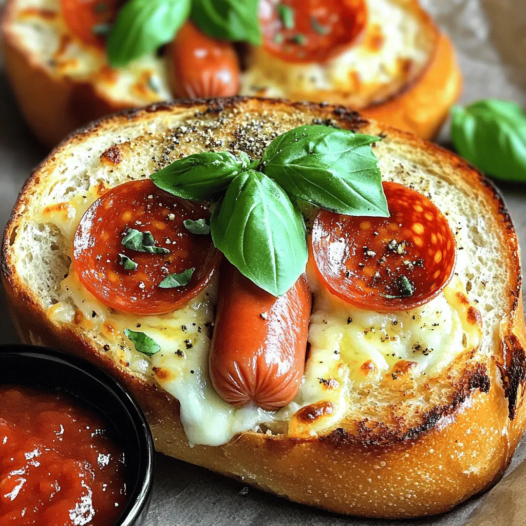 - 4 hot dogs - 1 cup shredded mozzarella cheese - ½ cup pepperoni slices - 1 cup pizza sauce - 4 slices of Italian bread (or your favorite sandwich bread) - 2 tablespoons olive oil - 1 teaspoon dried oregano - ½ teaspoon garlic powder - ¼ teaspoon red pepper flakes (optional) - Fresh basil leaves, for garnish (optional)