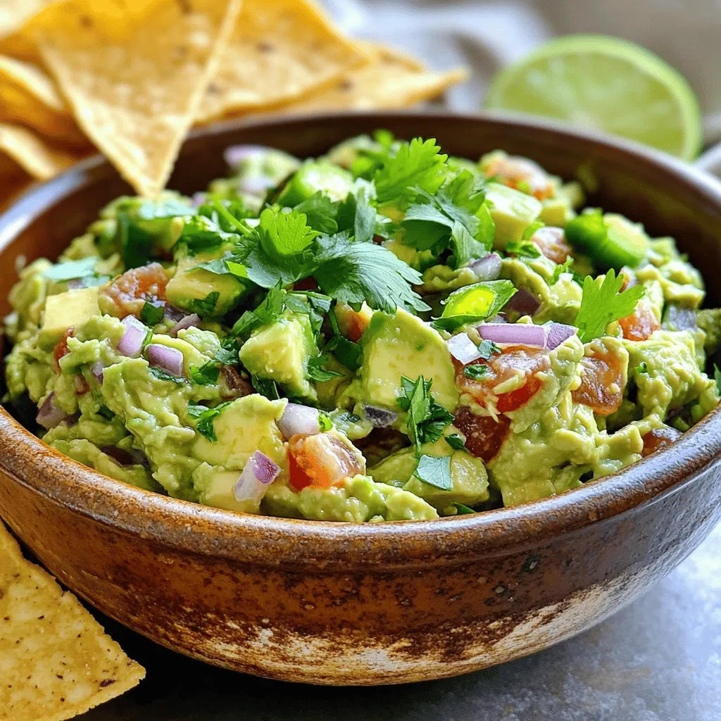 What are the essential components of a basic guacamole recipe? The best guacamole starts with ripe avocados. You need three ripe avocados. Their smooth texture gives guacamole a creamy base. Next, add a medium diced tomato. This adds color and freshness. A quarter cup of finely chopped red onion gives it a nice crunch. Don’t forget one minced jalapeño for some heat. Two cloves of minced garlic will enhance the flavor. Fresh lime juice brings brightness. Adding a quarter cup of chopped cilantro adds a lovely herb taste. Finally, season it with salt and a pinch of cumin if you want extra flavor. These simple guacamole ingredients make a perfect blend.